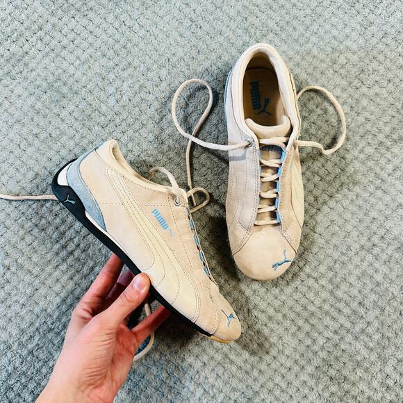 Vintage Y2K Cream/Turquoise PUMA Low Track Sneakers Trainers Laceup W7.5 - Picture 1 of 7